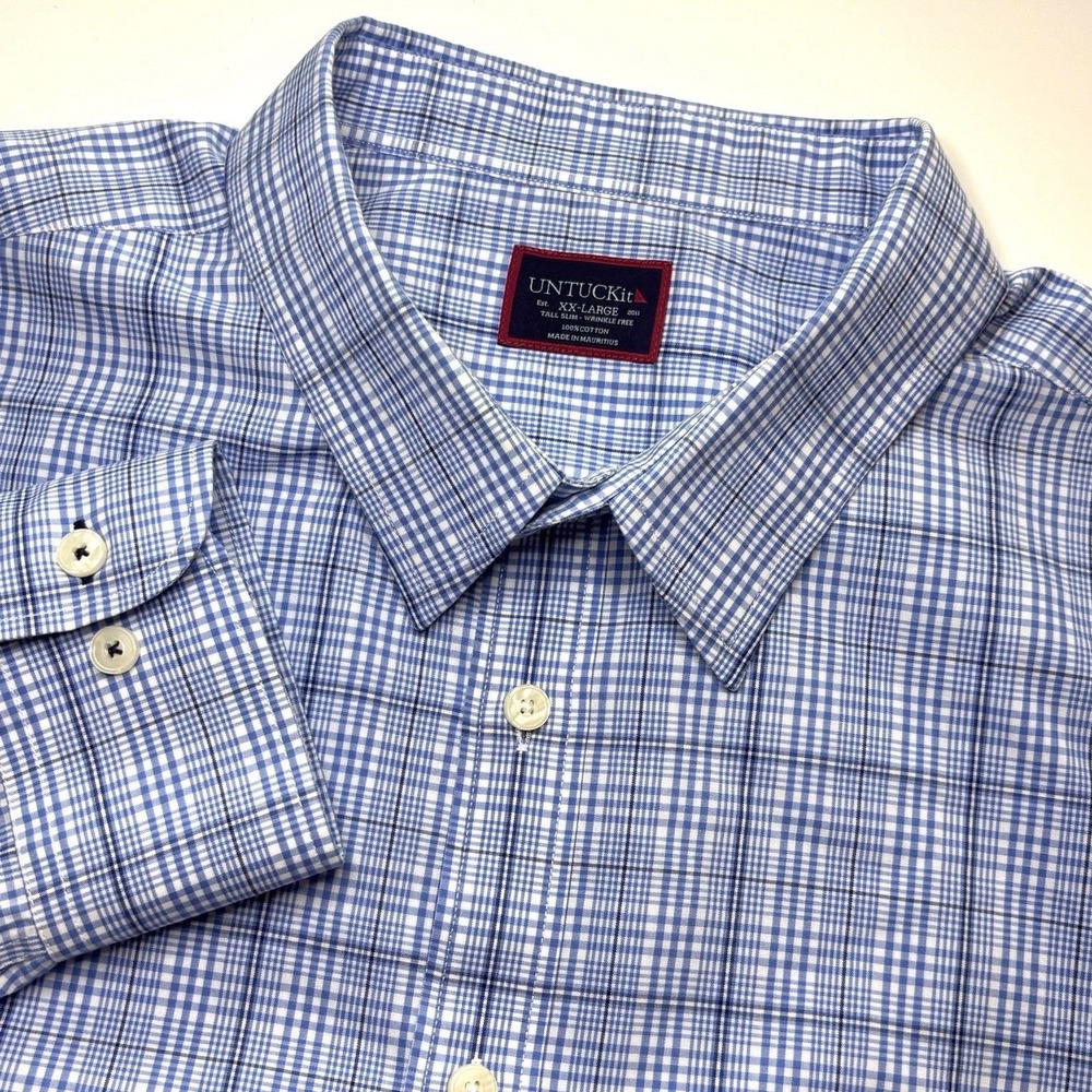 UNTUCKit Durbanville WF Plaid Shirt Men XXL Tall Slim Blue Wrinkle Free Untucked